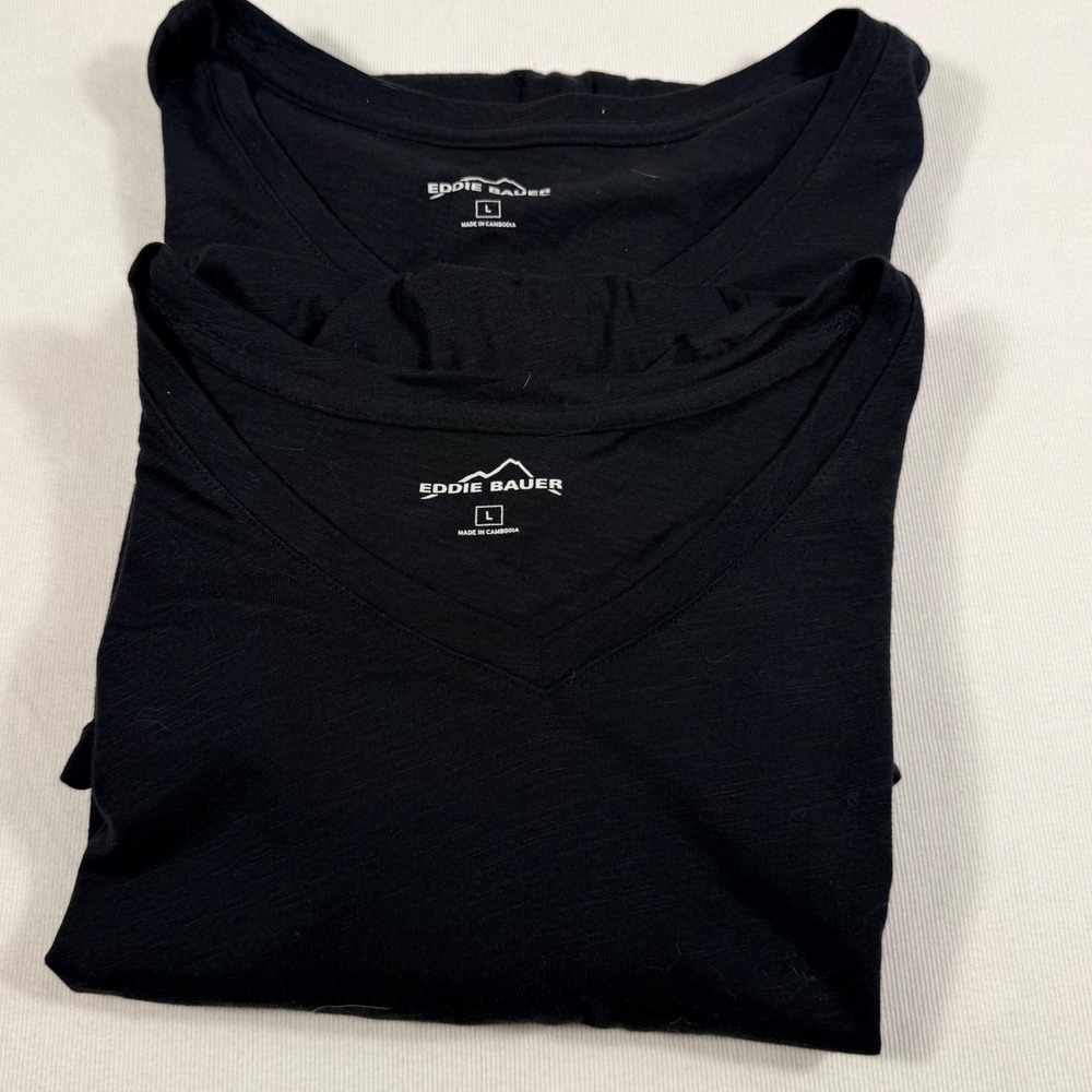 Eddie Bauer V-Neck T-Shirt Set of 2 size L Black Slub Cotton Modal Short Sleeve